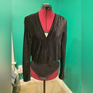 Jane WOOD Elegant Black V-Neck Velveteen Striped Bodysuit, Size 1